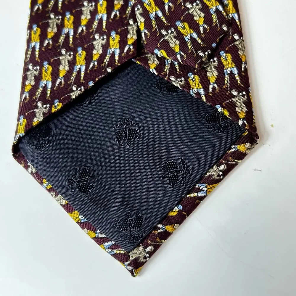 Brooks Brother Men's Burgundy Gold Golfer Print 100% Silk Tie
